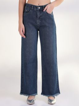 SHOWOFF - Edition Women Solid Blue Frayed Hem Straight Fit Jeans