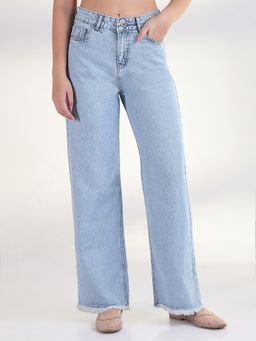 SHOWOFF - Women Solid Blue Frayed Hem Straight Fit Jeans