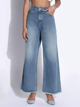 SHOWOFF - Edition Women Solid Blue Frayed Hem Straight Fit Jeans