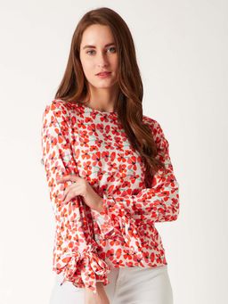 Miss Chase - Women's Multi-Color Round Neck Paneled Flared Full Sleeve Floral Top