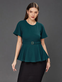 Miss Chase - Women Green Solid Polyester Slim Fit Round Neck Regular-Length Top