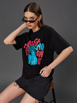Miss Chase - Women Black Half-Sleeve Regular-Length Oversized Cotton T-Shirt