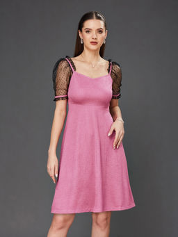 Miss Chase - Women Pink & Black Solid V-Neck Relaxed Fit Knee-Length Dress