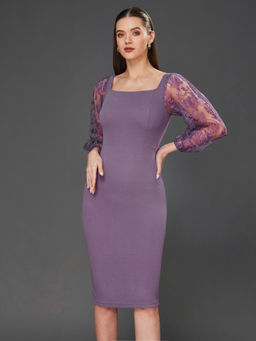 Miss Chase - Women's Dark Lavender Bodycon Square Neck Slim Fit Knee Length Dress