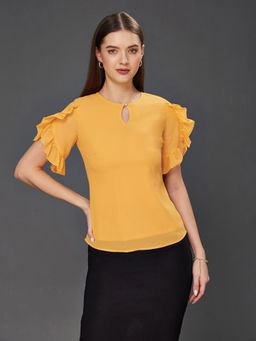 Miss Chase - Women Mustard Solid Round Neck Half Sleeve Relaxed Fit Regular Top