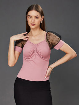 Miss Chase - Women Dusty Pink & Black V-Neck Short Sleeve Relaxed Fit Regular Top