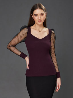 Miss Chase - Women Dark Wine & Black V-Neck Full Sleeve Relaxed Fit Regular Top