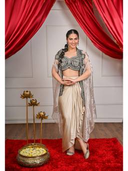 Rizabella - Women's Beige Embroidered Blouse with Draped Skirt & Cape