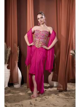 Rizabella - Women's Gulnaar Pink Embroidered Corset and Drape Skirt with Stole