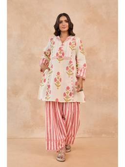 Tara-C-Tara - Pink Floral Print Cotton Kurta with Farsi Salwar