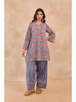 Tara-C-Tara - Blue Floral Print Cotton Kurta with Farsi Salwar
