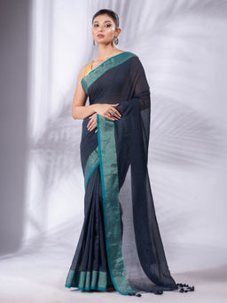 CHARUKRITI - Dark Grey Pure Cotton Handwoven Soft Saree & Zari Border with Unstitched Blouse