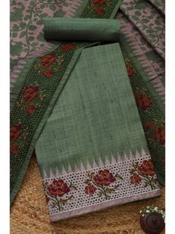 Soch - Women's Green Art Tussar Embroidered Unstitched Kurta & Pant with Dupatta