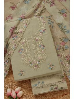 Soch - Women's Olive Chanderi Embroidered Unstitched Kurta & Pant with Dupatta
