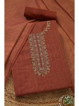 Soch - Women's Rust Linen Shimmer Embroidered Unstitched Kurta & Pant with Dupatta