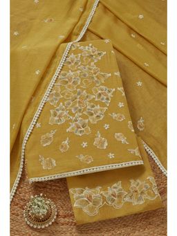 Soch - Women's Mustard Mul Chanderi Embroidered Unstitched Kurta & Pant with Dupatta