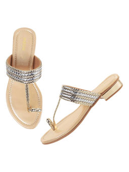 Mochi - Womens Gold Block Heel ChappalsMochi Solid Gold Slip Ons