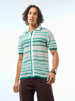 Bewakoof - Mens White & Green Striped Flatknit Shirt