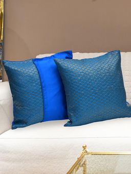 At Home by Nilkamal - Beverly Poly Brocade Cushion Covers Blue & Gold (16x16 Inches)