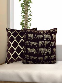 At Home by Nilkamal - Beverly Poly Velvet Animalia Printed Cushion Covers Brown (16x16 Inches)