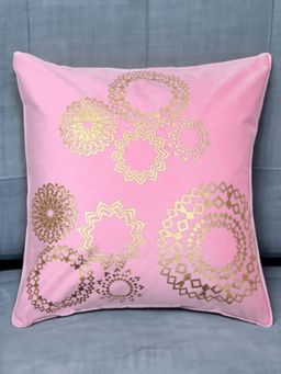 At Home by Nilkamal - Abstract Circle Poly Velvet Cushion Cover|Pack of 1|16 x 16 inches|Pink & Gold
