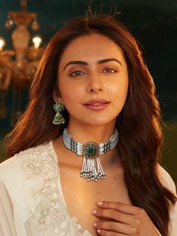 Accessher - Green Stone White Pearl Beads Necklace & Earrings Set