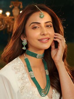 Accessher - Green Beads Choker Necklace, Necklace, Maangtikka & Earrings Set