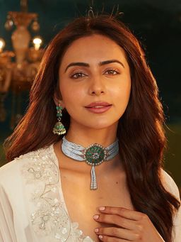 Accessher - Pearl Beads Floral Green Pendant Necklace & Earrings Set