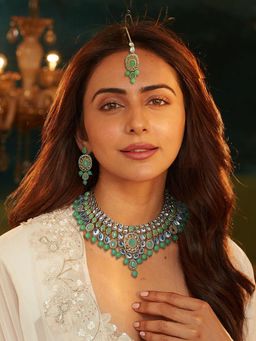 Accessher - Light Green Kundan Necklace, Maangtikka & Earrings Set