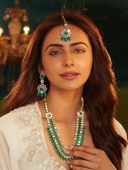 Accessher - Gold Tone Green Beaded Long Necklace, Maangtikka & Earrings Set