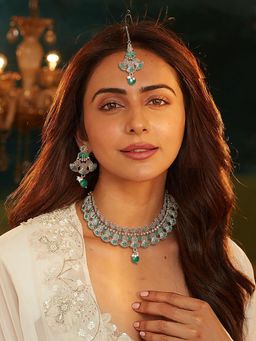 Accessher - Antique Design Oxidised Silver Green Stone Earrings, Maangtikka & Necklace Set