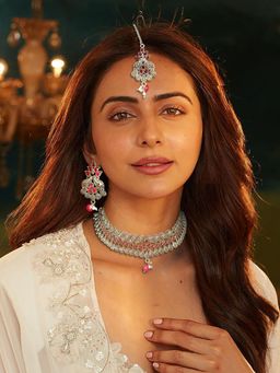 Accessher - Antique Design Oxidised Silver Pink Stone Earrings, Maangtikka & Necklace Set