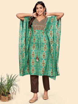 Vbuyz - Womens Rayon Turquoise Stitched Kaftan Kurta with Pant (Set of 2)