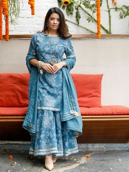 Fabnest - Blue Kurta with Sharara and Dupatta (Set of 3)