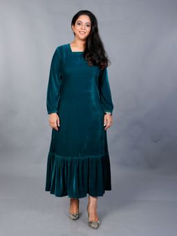 Fabnest - Womens Teal Velvet Tiered Long Dress
