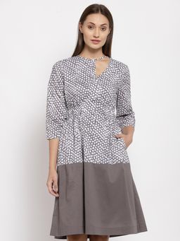 Ayrolane - Grey Printed Mix Print Dress With Neck Detail