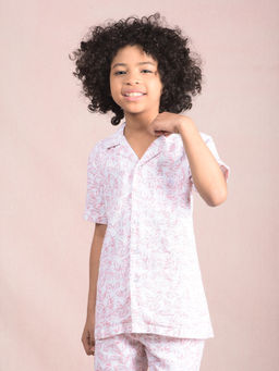 CRIMSOUNE CLUB - Boy Peach Printed Cotton Cuban Collar Knitted Shirt