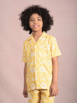 CRIMSOUNE CLUB - Boy Yellow Floral Print Cotton Cuban Collar Knitted Shirt