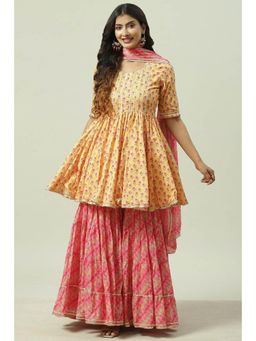 Biba - Yellow & Pink Printed Sharara (Set of 3)