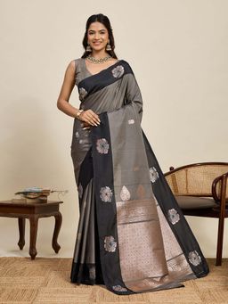 Vedant Vastram - Soft Litchi Silk Banarasi Grey Saree with Unstitched Blouse