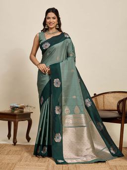 Vedant Vastram - Soft Litchi Silk Banarasi Green Saree with Unstitched Blouse