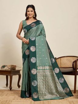 Vedant Vastram - Soft Litchi Silk Banarasi Green Saree with Unstitched Blouse