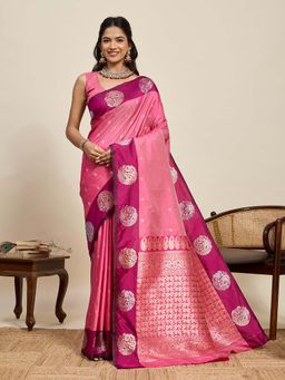 Vedant Vastram - Soft Litchi Silk Banarasi Pink Saree with Unstitched Blouse