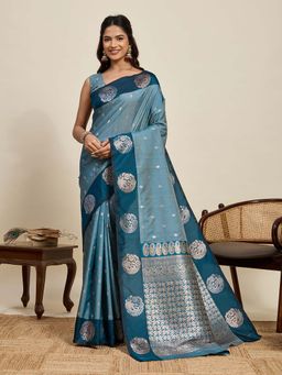 Vedant Vastram - Soft Litchi Silk Banarasi Teal Saree with Unstitched Blouse
