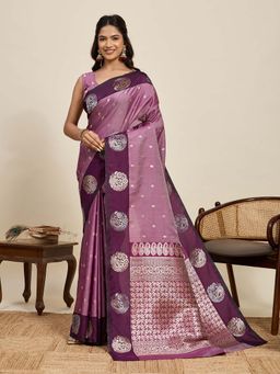 Vedant Vastram - Soft Litchi Silk Banarasi Purple Saree with Unstitched Blouse