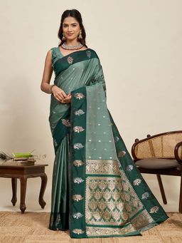 Vedant Vastram - Soft Litchi Silk Banarasi Green Saree with Unstitched Blouse