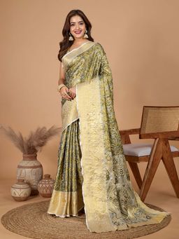 Vedant Vastram - Soft Litchi Silk Kanjivaram Green Saree with Unstitched Blouse