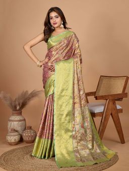 Vedant Vastram - Soft Litchi Silk Kanjivaram Green Saree with Unstitched Blouse