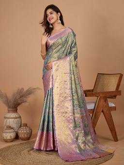 Vedant Vastram - Soft Litchi Silk Kanjivaram Teal Saree with Unstitched Blouse