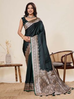 Vedant Vastram - Soft Litchi Silk Banarasi Green Saree with Unstitched Blouse